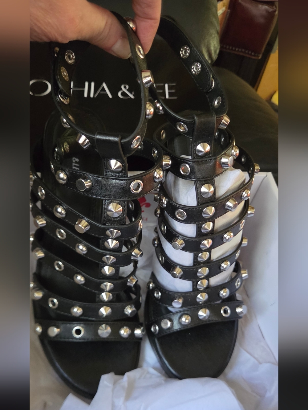 Sophia & Lee Black Studded Gladiator Heels Sz7.5 - Picture 2 of 7